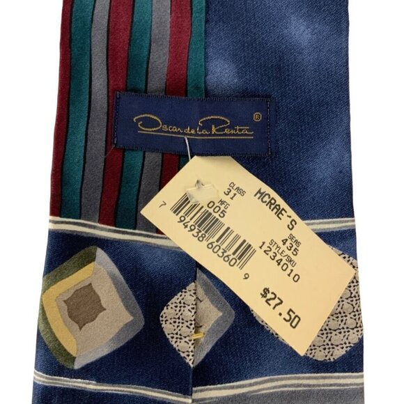 Oscar De La Renta Mens Necktie Blue Red Silk Geometric Pattern Career Church - Picture 3 of 4
